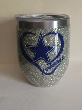 Silver Glitter Stainless Steel Tumbler with Blue Star Logo